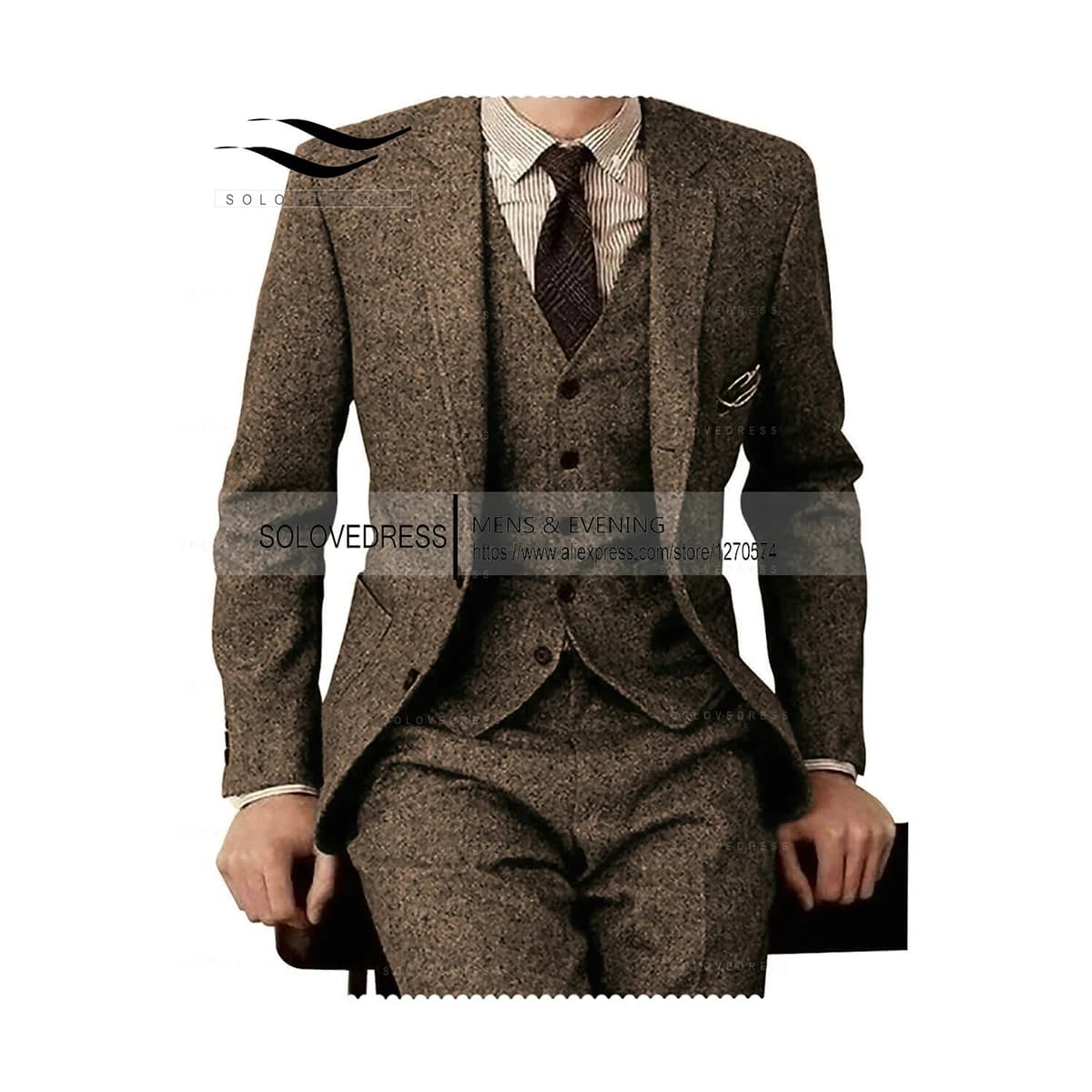 Brown Tweed Men Suits 3 Pieces Formal Business Suit Set Custom Gentle-Mens Groom Wedding Dress Blazer Suits(Jacket+Pants+Vest)