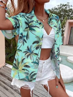 Women's Fashion Shirt Summer Short Sleeve 3D Printed Coconut Tree Pattern Print Street Tie Dye Ladies Casual Shirt