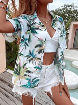Women's Fashion Shirt Summer Short Sleeve 3D Printed Coconut Tree Pattern Print Street Tie Dye Ladies Casual Shirt