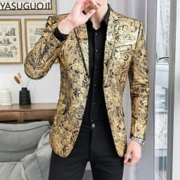 YASUGUOJI Men Golden Floral Suit Jackets Fancy Show Costume Party Coats Men Wedding Party Blazer Gentleman Dance Formal Suit