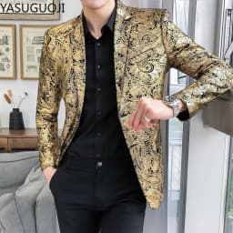 YASUGUOJI Men Golden Floral Suit Jackets Fancy Show Costume Party Coats Men Wedding Party Blazer Gentleman Dance Formal Suit