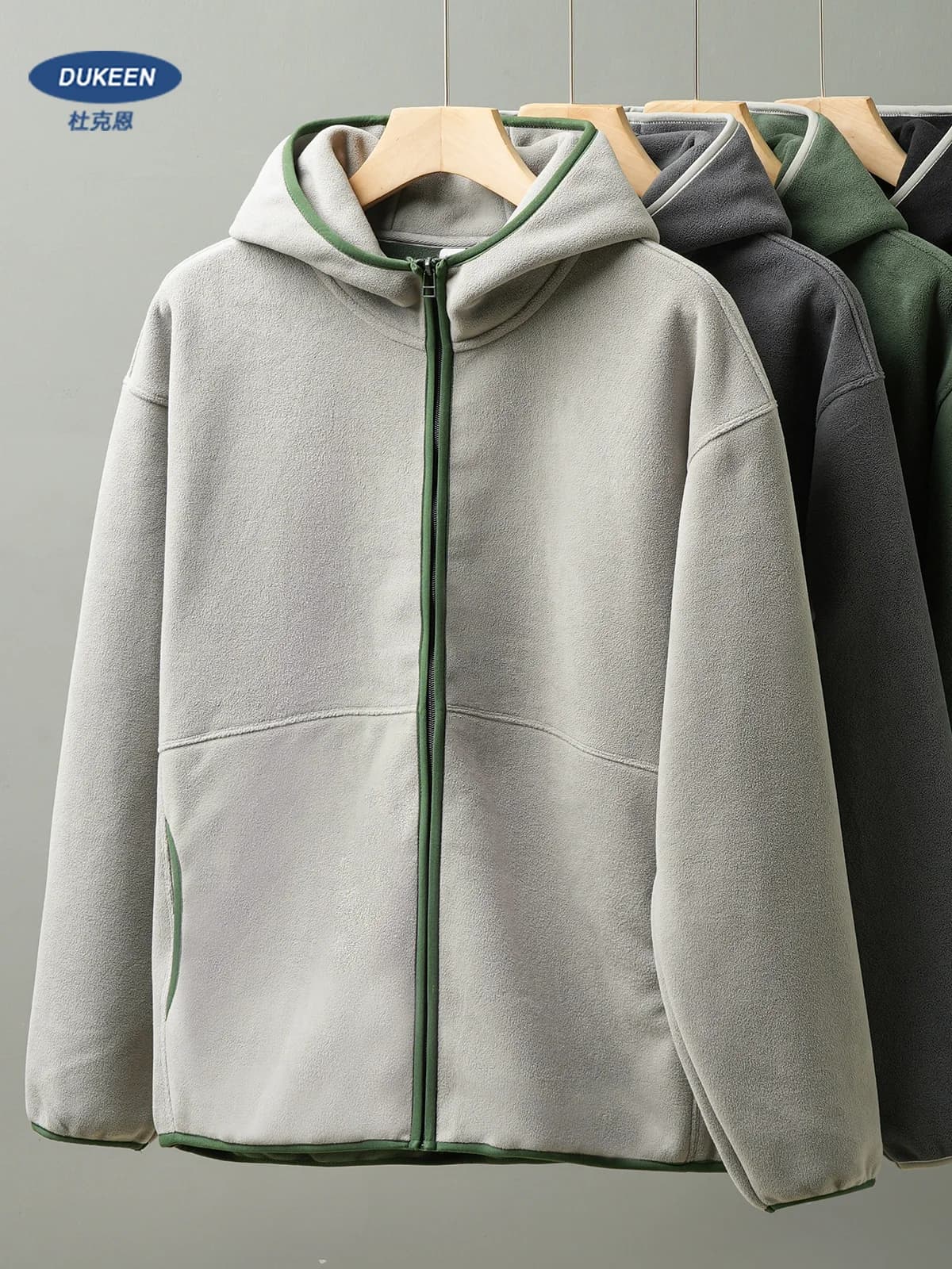 DUKEEN Men's Double-Sided Fleece Hoodie Autumn and Winter Warm Windbreaks 7A Antimicrobial Zipper Jackets for Men