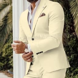 Four Seasons Men's Beige Suits Classic Style Peaked Collar Single Breasted Clothing Trouser Coat for Wedding Party Costume Homme