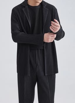 Miyake Pleated Men Blazer Black Slim Fit Stretch Suit Coat Casual Japanese Style Business Daily Wear