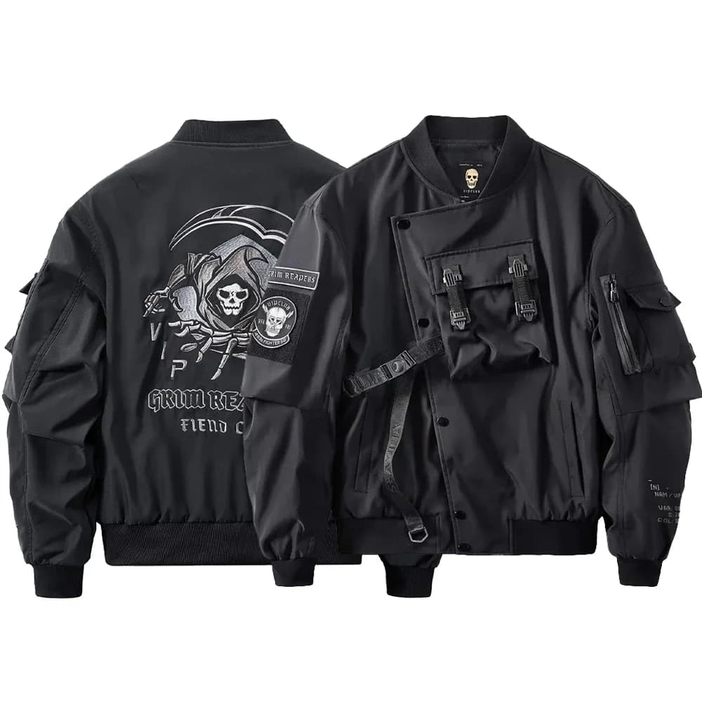 Mens Spring Fall American Street Workwear Jackets 2024 New Zipper Pocket Solid Color Skull Death Embroidery Fashion Trend Jacket