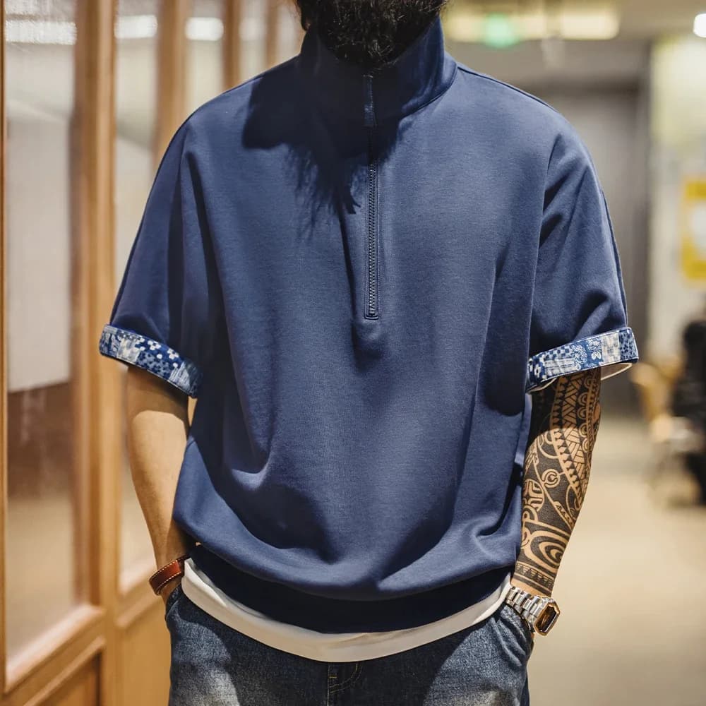 Maden Vintage Half-Zip Boro Style Short Sleeve Polo Shirt Men's Summer Indigo Dyed Printed Loose Collar T-Shirt Casual Gray Tops