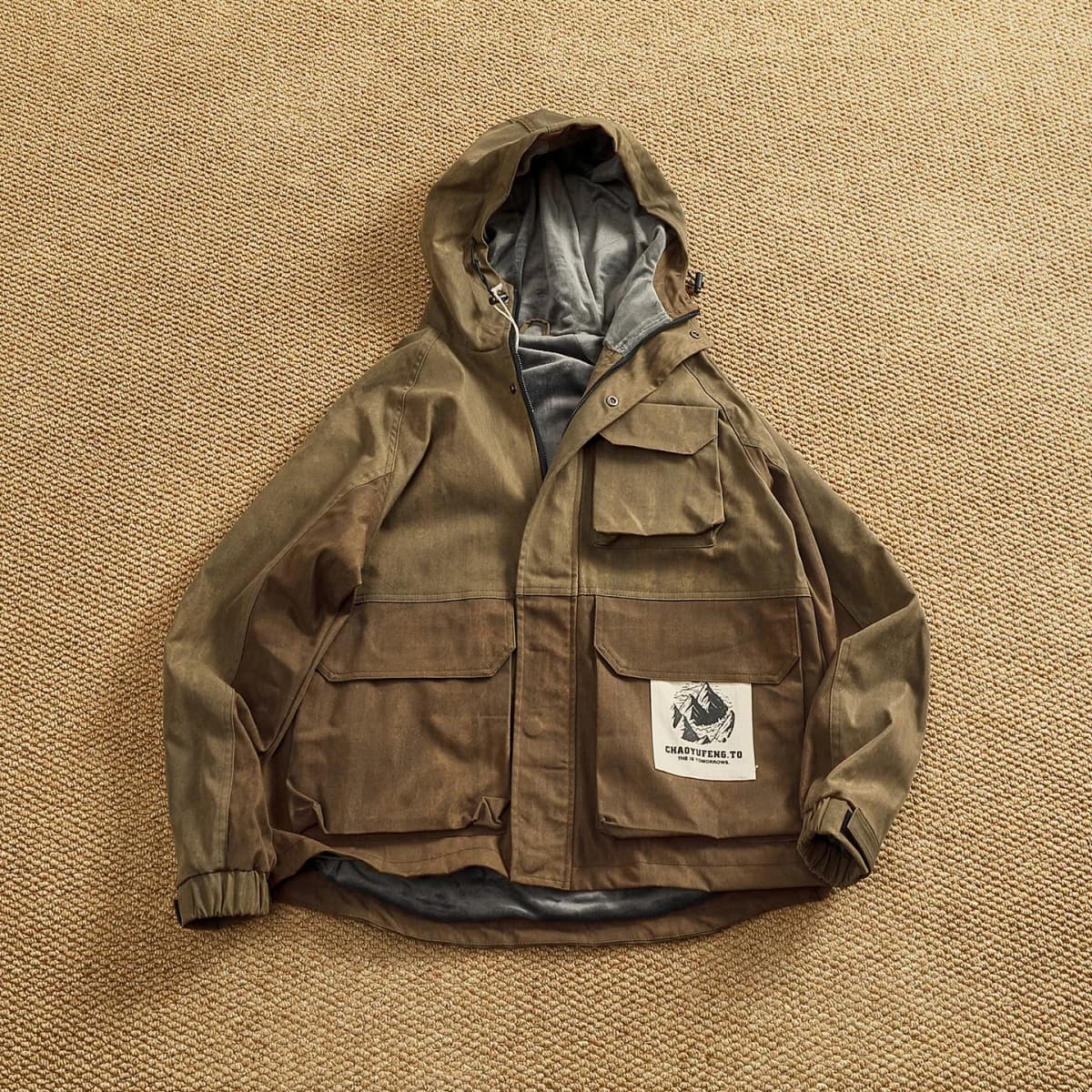 Winter velvet lining pocket work jacket men's hooded contrasting color stitching trendy functional cotton top