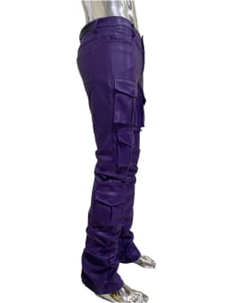 Spring Fitted Stretchy Soft Purple Stacked Pu Leather Cargo Pants Men Many Three-dimensional Pockets European Fashion Clothes