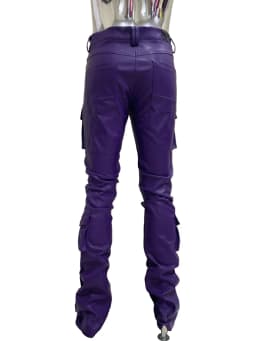 Spring Fitted Stretchy Soft Purple Stacked Pu Leather Cargo Pants Men Many Three-dimensional Pockets European Fashion Clothes