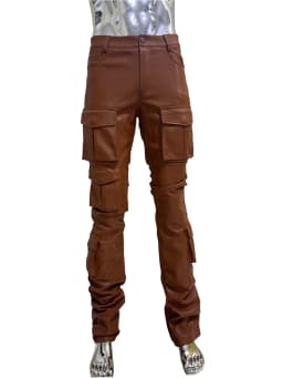 Spring Fitted Stretchy Soft Purple Stacked Pu Leather Cargo Pants Men Many Three-dimensional Pockets European Fashion Clothes