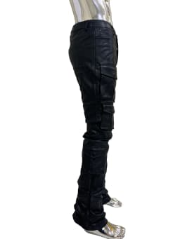 Spring Fitted Stretchy Soft Purple Stacked Pu Leather Cargo Pants Men Many Three-dimensional Pockets European Fashion Clothes