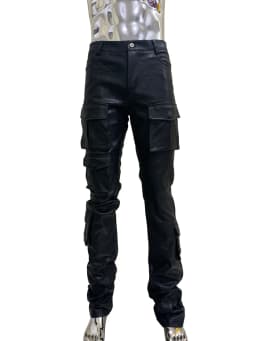 Spring Fitted Stretchy Soft Purple Stacked Pu Leather Cargo Pants Men Many Three-dimensional Pockets European Fashion Clothes