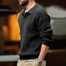 Maden Retro Polo Neck Knit Vertical Woven Polo Shirt Lazy Pullover Sweater Men's Autumn and Winter Lapel Soft Warm