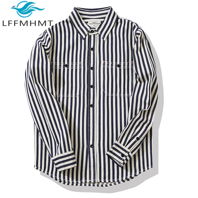 0302 America Style Good Quality Striped Shirt Men Spring Fall Fashion 100% Cotton Long Sleeve Loose Casual Cargo Lapel Blouses