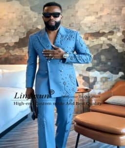 Metal Embellished Gem Tuxedo Men Suit Beads Male Prom Blazers 2 Pieces Set Wedding Groom Double Breasted Customized Ropa hombre