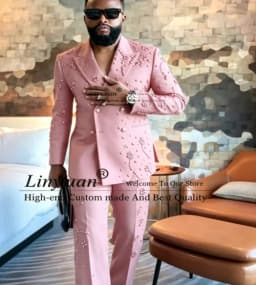 Metal Embellished Gem Tuxedo Men Suit Beads Male Prom Blazers 2 Pieces Set Wedding Groom Double Breasted Customized Ropa hombre