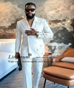 Metal Embellished Gem Tuxedo Men Suit Beads Male Prom Blazers 2 Pieces Set Wedding Groom Double Breasted Customized Ropa hombre
