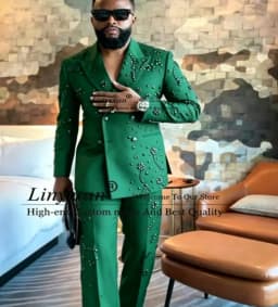 Metal Embellished Gem Tuxedo Men Suit Beads Male Prom Blazers 2 Pieces Set Wedding Groom Double Breasted Customized Ropa hombre