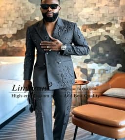 Metal Embellished Gem Tuxedo Men Suit Beads Male Prom Blazers 2 Pieces Set Wedding Groom Double Breasted Customized Ropa hombre