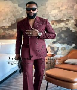 Metal Embellished Gem Tuxedo Men Suit Beads Male Prom Blazers 2 Pieces Set Wedding Groom Double Breasted Customized Ropa hombre