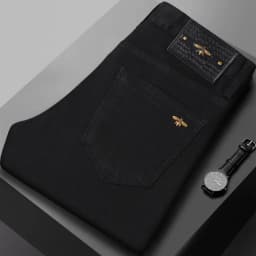 Pure black jeans for men, simple, fashionable, light luxury, trendy, stretchy, slim fit, high-end, versatile denim long pants