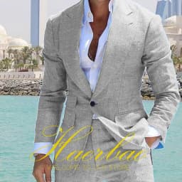 Summer Blue Men's Linen Suit Set of 2 Wedding Groom Tuxedo Formal Lapel Jacket Pants Fashion Tailored Blazer for Mens
