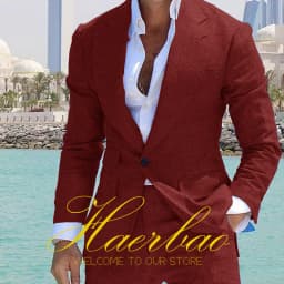 Summer Blue Men's Linen Suit Set of 2 Wedding Groom Tuxedo Formal Lapel Jacket Pants Fashion Tailored Blazer for Mens