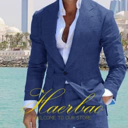 Summer Blue Men's Linen Suit Set of 2 Wedding Groom Tuxedo Formal Lapel Jacket Pants Fashion Tailored Blazer for Mens