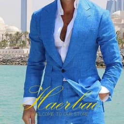 Summer Blue Men's Linen Suit Set of 2 Wedding Groom Tuxedo Formal Lapel Jacket Pants Fashion Tailored Blazer for Mens