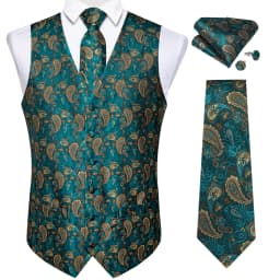 Fashion Men's Green Paisley Business Vest chaleco hombre Luxury Wedding Red Waistcoat Necktie Pocket Square Cufflinks Free Ship