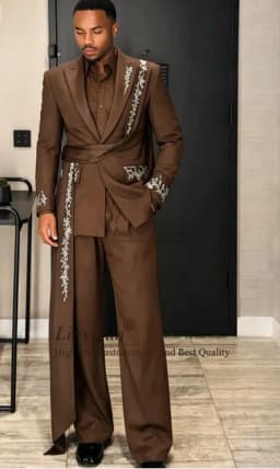Glitter Crystals Beaded Men Suits 2 Pieces Sets Wedding Groom Male Blazer Customized Party Tuxedos Fashion Belt Man Ropa Hombre