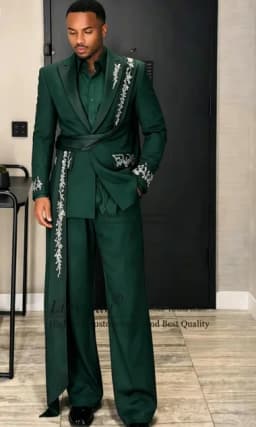 Glitter Crystals Beaded Men Suits 2 Pieces Sets Wedding Groom Male Blazer Customized Party Tuxedos Fashion Belt Man Ropa Hombre
