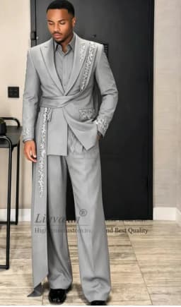 Glitter Crystals Beaded Men Suits 2 Pieces Sets Wedding Groom Male Blazer Customized Party Tuxedos Fashion Belt Man Ropa Hombre
