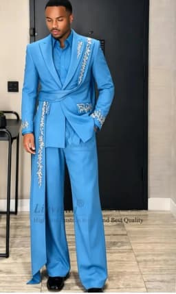 Glitter Crystals Beaded Men Suits 2 Pieces Sets Wedding Groom Male Blazer Customized Party Tuxedos Fashion Belt Man Ropa Hombre