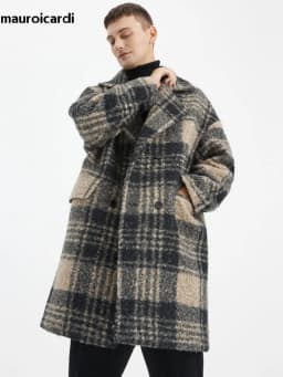 Mauroicardi Autumn Winter Long Loose Stylish Thick Warm Colorful Plaid Wool & Blends Coat Men Double Breasted Runway Fashion