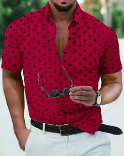 Men's shirt summer beach shirt black and white short sleeve polka dot lapel vacation clothing fashionable casual comfortable 5XL