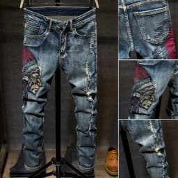 Autumn Winter New Fashion Embroidered Indian Jeans Sets Men's Stretch Jeans + Slim Casual Denim Jacket Vintage Two Pieces Sets