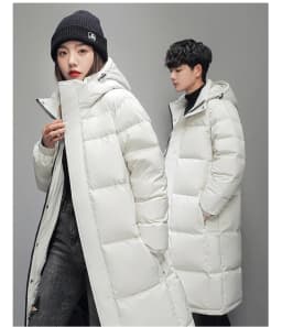 FGKKS 2025 Couple Winter Down Jacket Fashion Classic Slim Korean Style White Duck Down Men's Long Coat Women Hooded Outwear