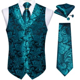 Luxury Royal Blue Paisley Suit Vest Tie Set with Dragon Metal Ring Handkerchief Cufflinks Wedding Prom Tuxedo Waistcoat
