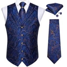 Luxury Royal Blue Paisley Suit Vest Tie Set with Dragon Metal Ring Handkerchief Cufflinks Wedding Prom Tuxedo Waistcoat