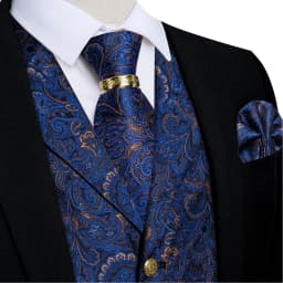 Luxury Royal Blue Paisley Suit Vest Tie Set with Dragon Metal Ring Handkerchief Cufflinks Wedding Prom Tuxedo Waistcoat