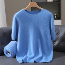 Men's 100% Mink Cashmere Round Neck Knitted Short Sleeved Loose Solid Color Half Sleeved Simple T-Shirt Casual Business Clothing