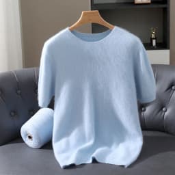 Men's 100% Mink Cashmere Round Neck Knitted Short Sleeved Loose Solid Color Half Sleeved Simple T-Shirt Casual Business Clothing