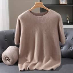 Men's 100% Mink Cashmere Round Neck Knitted Short Sleeved Loose Solid Color Half Sleeved Simple T-Shirt Casual Business Clothing