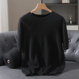 Men's 100% Mink Cashmere Round Neck Knitted Short Sleeved Loose Solid Color Half Sleeved Simple T-Shirt Casual Business Clothing