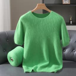 Men's 100% Mink Cashmere Round Neck Knitted Short Sleeved Loose Solid Color Half Sleeved Simple T-Shirt Casual Business Clothing