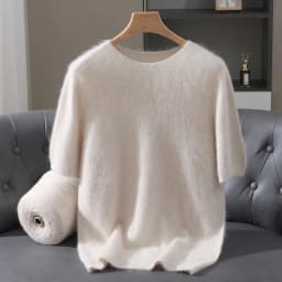 Men's 100% Mink Cashmere Round Neck Knitted Short Sleeved Loose Solid Color Half Sleeved Simple T-Shirt Casual Business Clothing