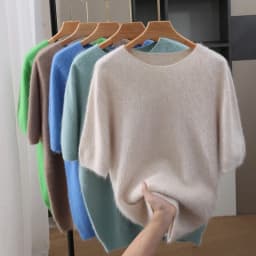 Men's 100% Mink Cashmere Round Neck Knitted Short Sleeved Loose Solid Color Half Sleeved Simple T-Shirt Casual Business Clothing