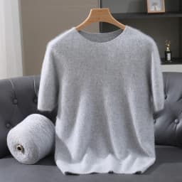 Men's 100% Mink Cashmere Round Neck Knitted Short Sleeved Loose Solid Color Half Sleeved Simple T-Shirt Casual Business Clothing