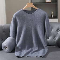 Men's 100% Mink Cashmere Round Neck Knitted Short Sleeved Loose Solid Color Half Sleeved Simple T-Shirt Casual Business Clothing